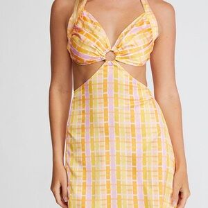 Pepper Mayo Yellow and Pink Checkered Halter Cutout Mini Dress